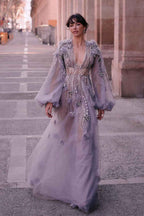 Chic Tulle Long Sleeves Deep V Neck Beadings Long Prom Dress With Appliques