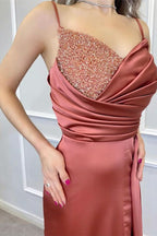 Spaghetti-Strap Beaded Long Mermaid Prom Dress with Split and Ruffles BM bride