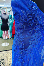 Sparkly Royal Blue Sequined One Shoulder Tight Short Homecoming Dress with Appliques