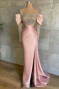 Pink Off-The-Shoulder Front Split Mermaid Prom Dress with Beadings and Appliques BM bride