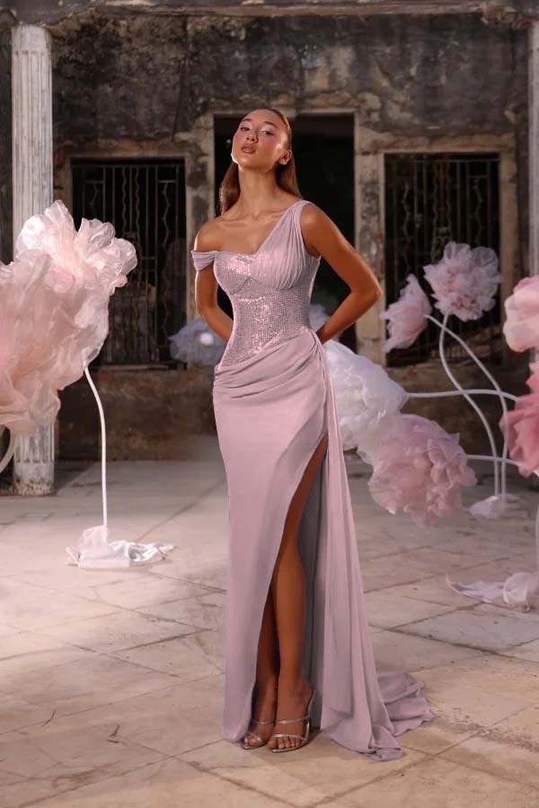 Sleeveless One Shoulder Long Split Prom Dress With Pleated Sequin BMBRIDE