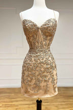 Stormy Spaghetti Straps Tight Short Homecoming Dress with Appliques Bmbride