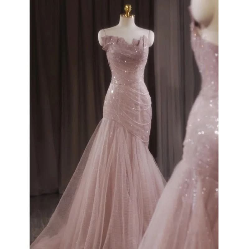 Light Pink Tulle Prom Dress Spaghetti Strap Sleeveless Dresses BM bride