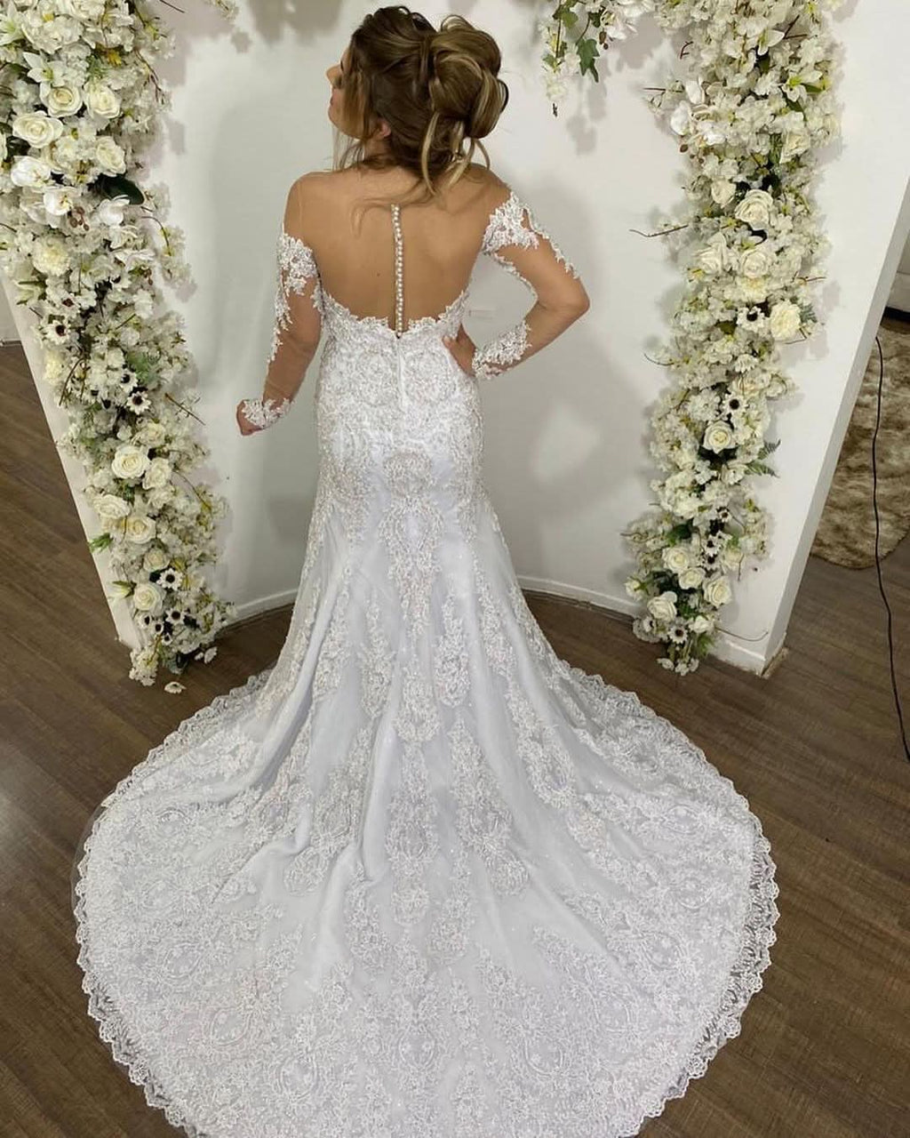 Beautiful Off-the-Shoulder Mermaid Tulle Wedding Dress with Sleeves and Lace BM bride
