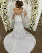 Beautiful Off-the-Shoulder Mermaid Tulle Wedding Dress with Sleeves and Lace BM bride