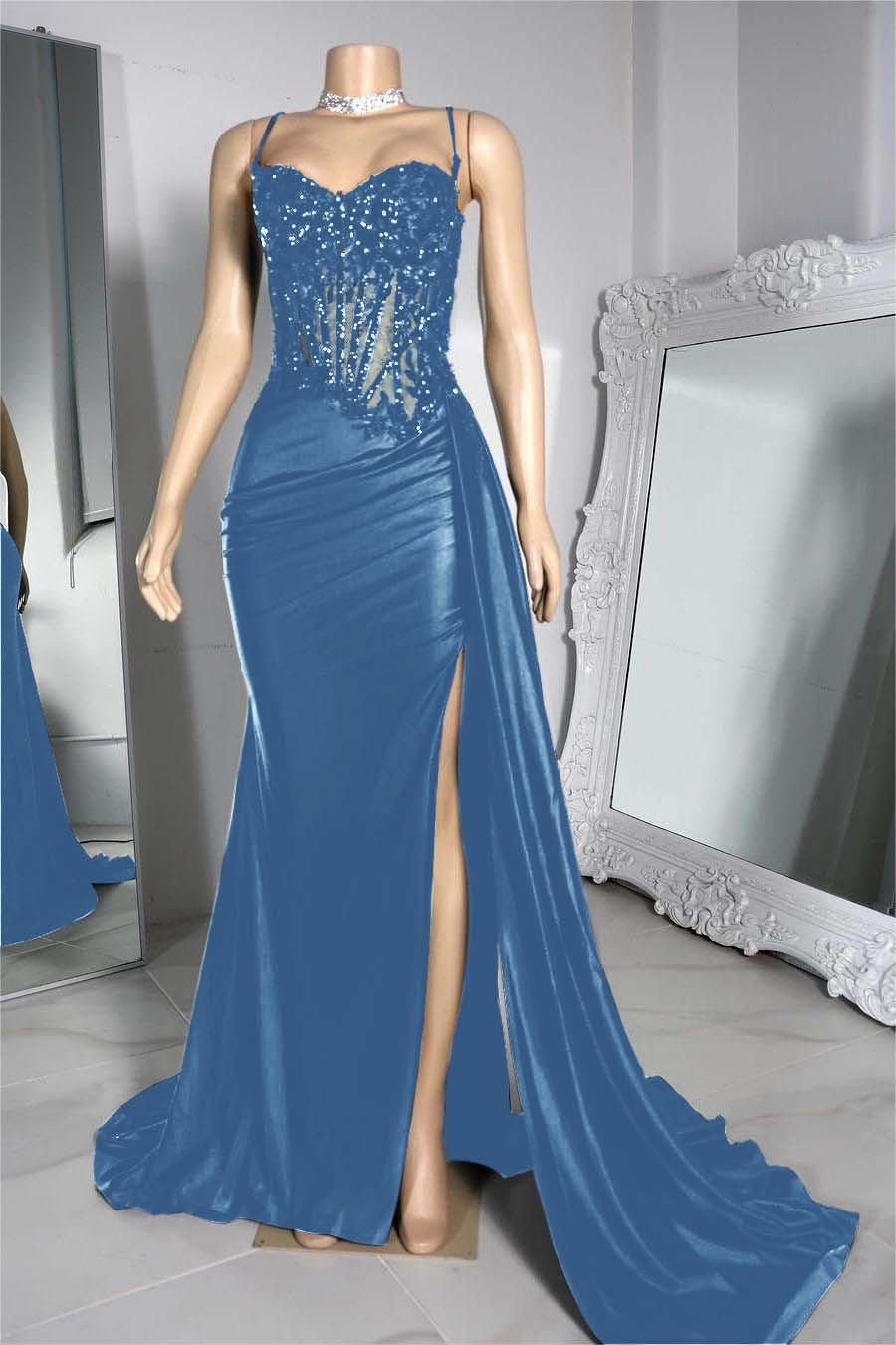 Exquisite Black Spaghetti Strap Sleeveless Pleated Long Split Prom Dress With Beading BMBRIDE
