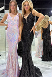 Dazzling Mermaid V Neck Sequined Lace Long Prom Dress BM bride