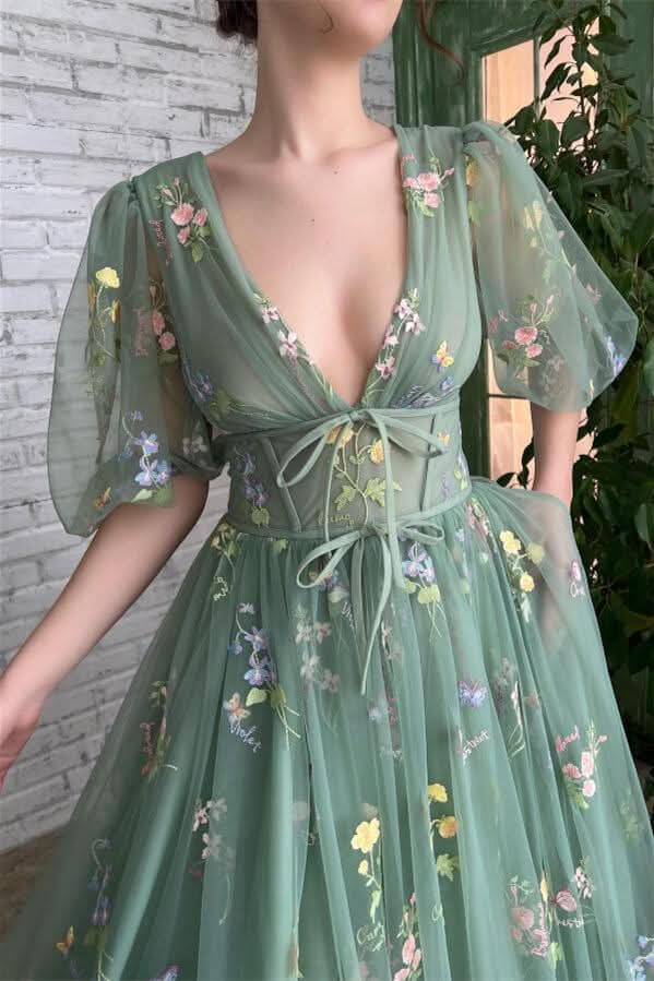 Gorgeous Deep V-Neck Evening Dress Half Sleeves with Embroidery Flowers and Tulle BM bride