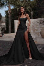 Pink Strapless Split Sleeveless Pleated Prom Dress With Detachable Skirt