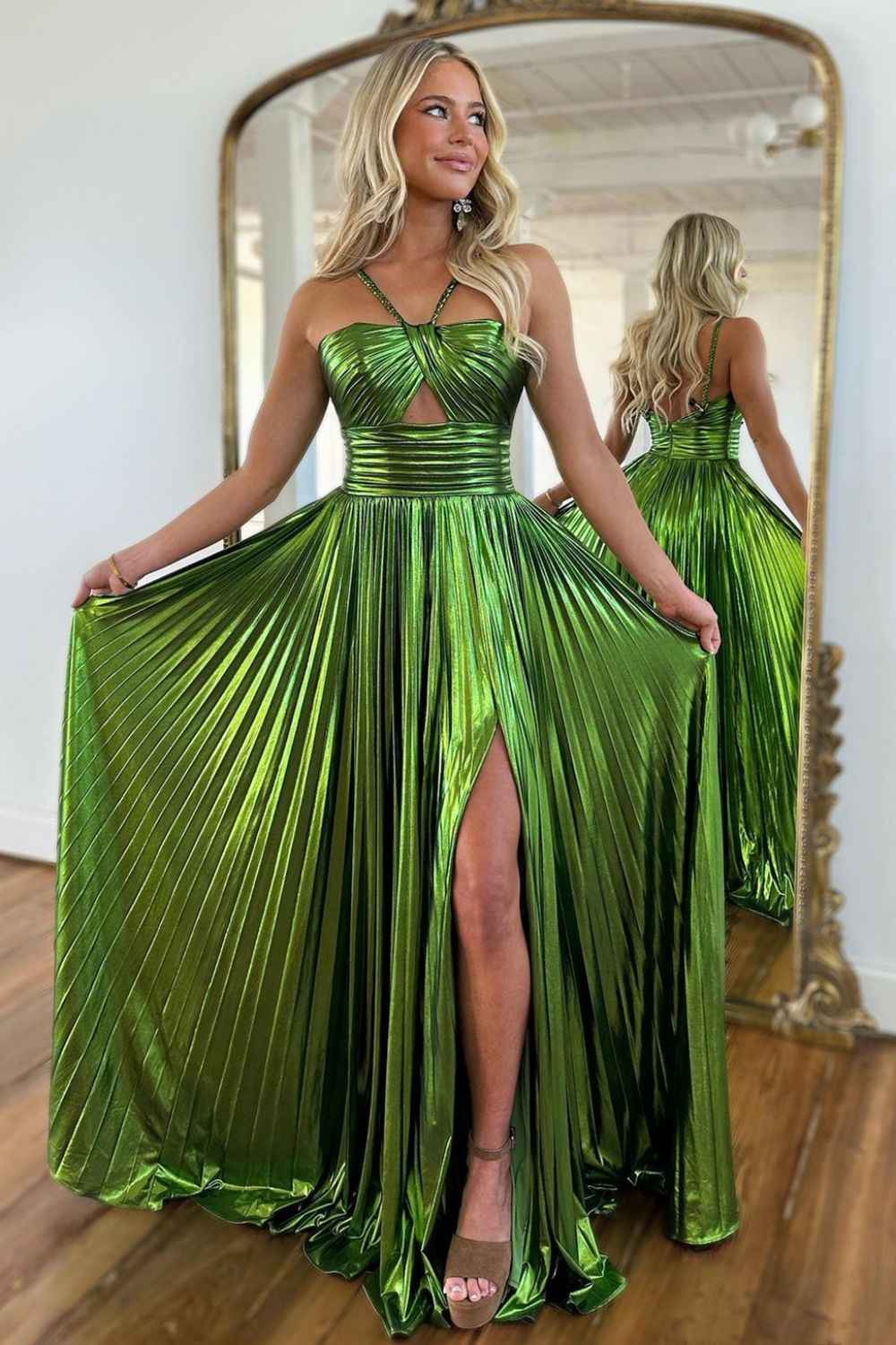 Sparkly Golden A Line Halter Neck Long Prom Dress with Keyhole Slit