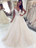 Long A-Line Tulle Open Back Wedding Dress with Off-the-Shoulder BM bride