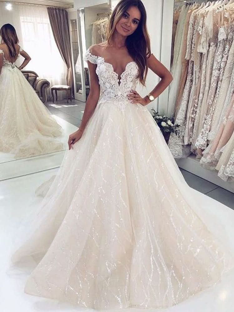 Long A-Line Tulle Open Back Wedding Dress with Off-the-Shoulder BM bride