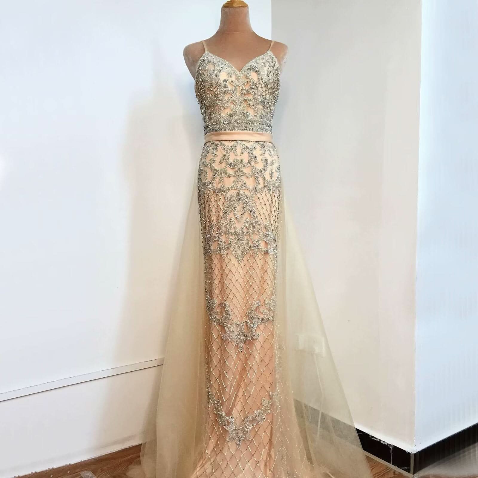 Champagne Sequined Mesh Prom Dress with Sleeveless A-Line Backless Style BM bride