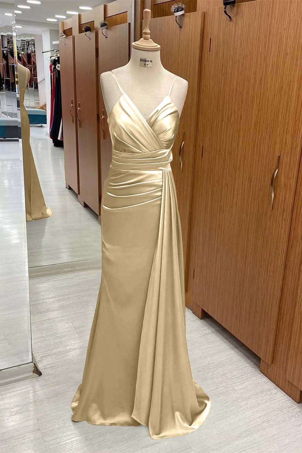 Spaghetti Strap Sleeveless Long Mermaid Prom Dress With Pleated BMBRIDE