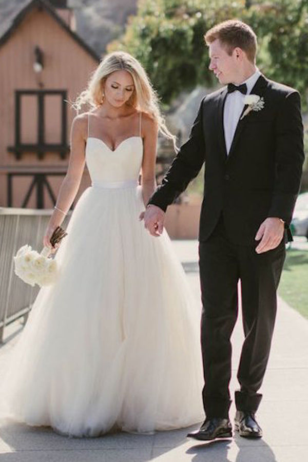 Long Spaghetti Strap Tulle Wedding Dress BM bride