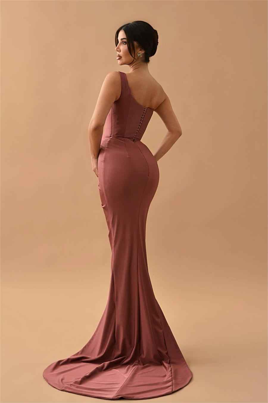 Simple Stain One Shoulder Sleeveless Pleated Long Mermaid Prom Dress With Split
