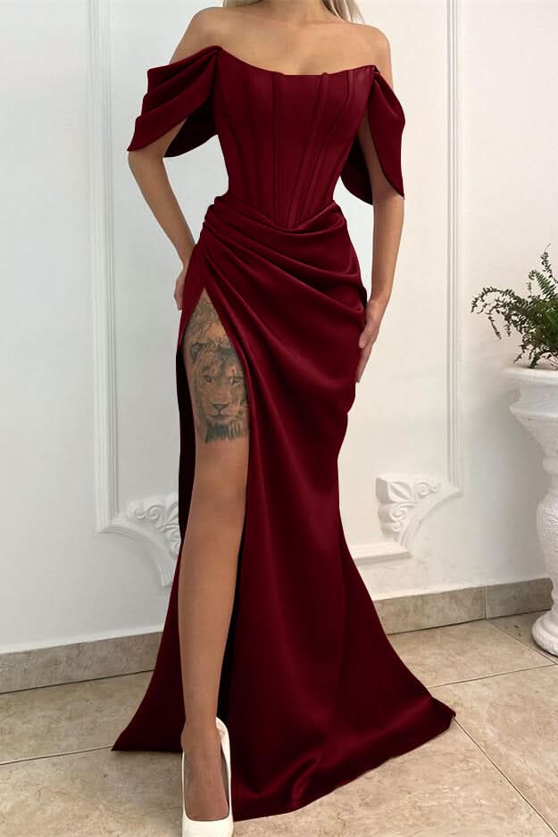 Off-the-Shoulder Long Mermaid Prom Dress with Split BM bride