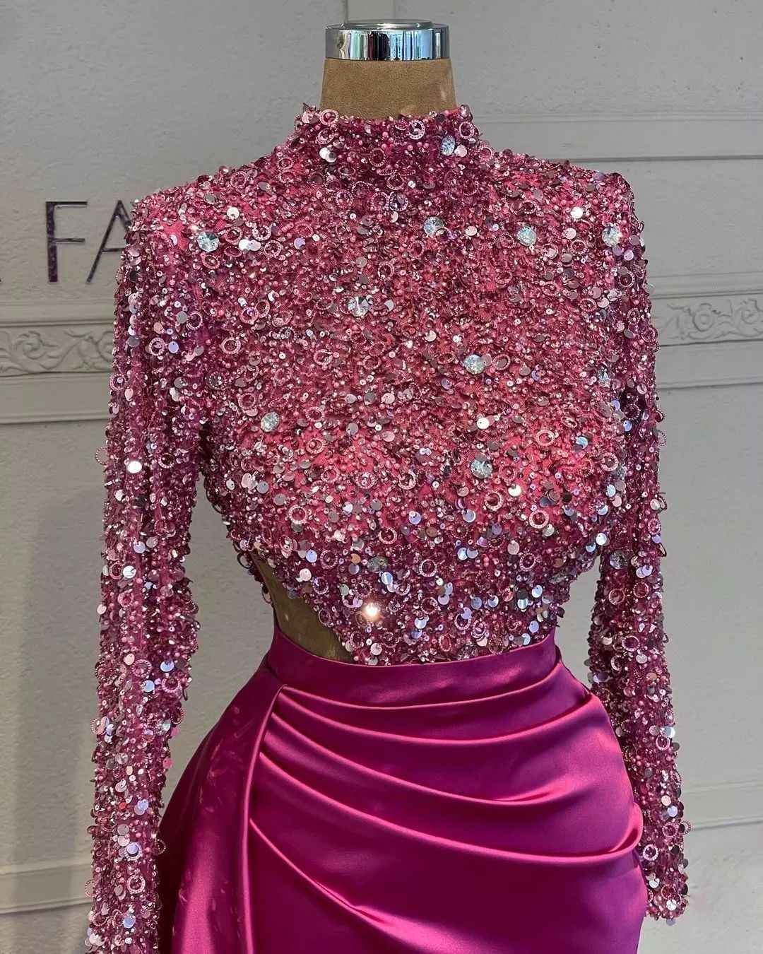 Sequins High Neck Long Sleeves Fuchsia Pleated Long Prom Dress With Split