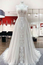A-Line Wedding Dress with Ruffles, Open Back, and Tulle Lace BM bride