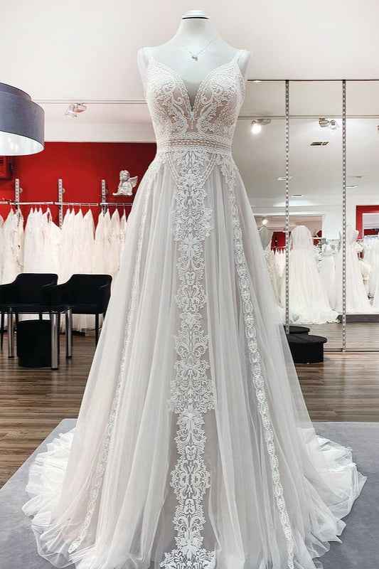 A-Line Wedding Dress with Ruffles, Open Back, and Tulle Lace BM bride
