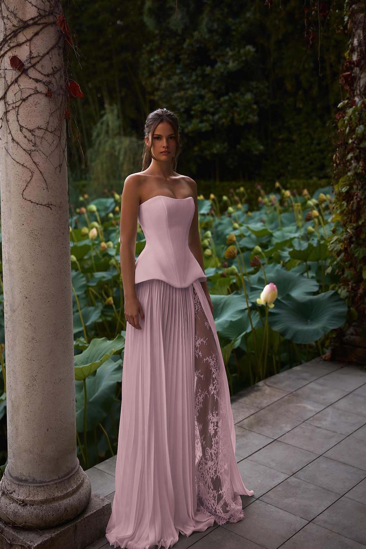 Strapless Sleeveless Long Prom Dress With Pleated Split Appliques BMBRIDE