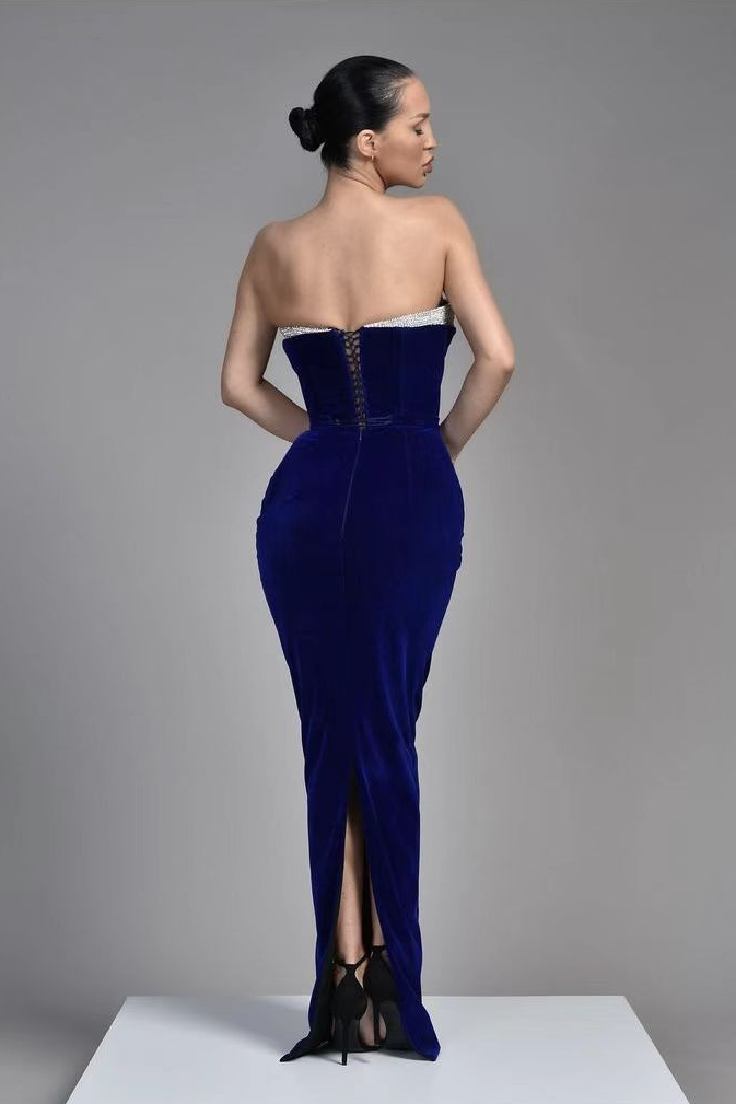 Royal Blue Sleeveless V Neck Samt Evening Dress BM bride