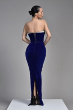 Royal Blue Sleeveless V Neck Samt Evening Dress BM bride