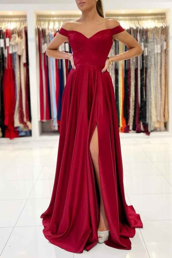 Off the Shoulder Sweetheart Sleeveless A Line Burgundy Prom Dress With Split
