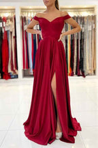 Off the Shoulder Sweetheart Sleeveless A Line Burgundy Prom Dress With Split