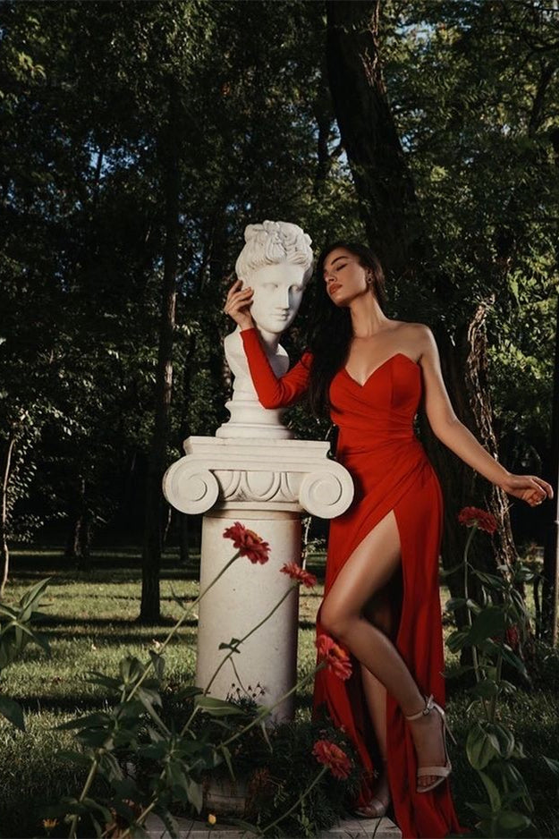 Charming Red Evening Dress Prom Dress Charmeuse One Shoulder with Slit Pleated BM bride