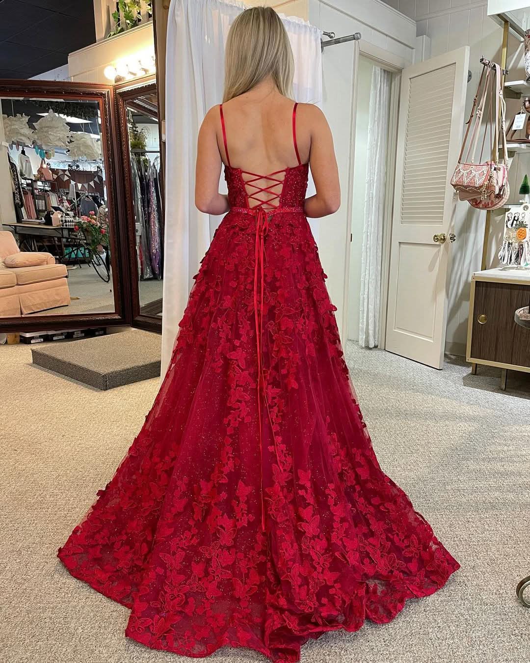Cute A-Line Scoop Neck Red Lace Prom Dress with Beading BM bride