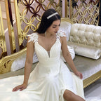 Long Sweetheart A-Line V-Neck Split Wedding Dress with Lace Chiffon BM bride