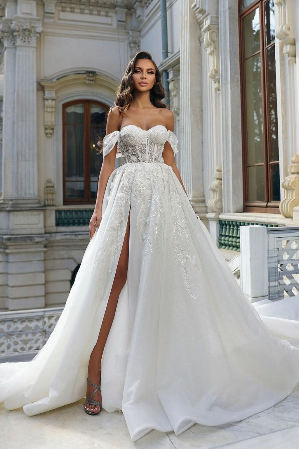 Lace White Sleeveless Off-the-shoulder Wedding Dress With High Slit BM bride