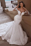 Off-the-Shoulder Long Sleeve Mermaid Wedding Dress with Beaded Lace Appliques BM bride