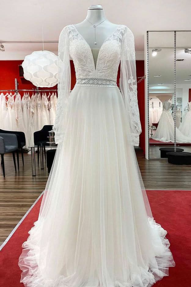 Long A-Line Sweetheart Wedding Dress with Sleeves, Appliques, Tulle, and Beadings BM bride