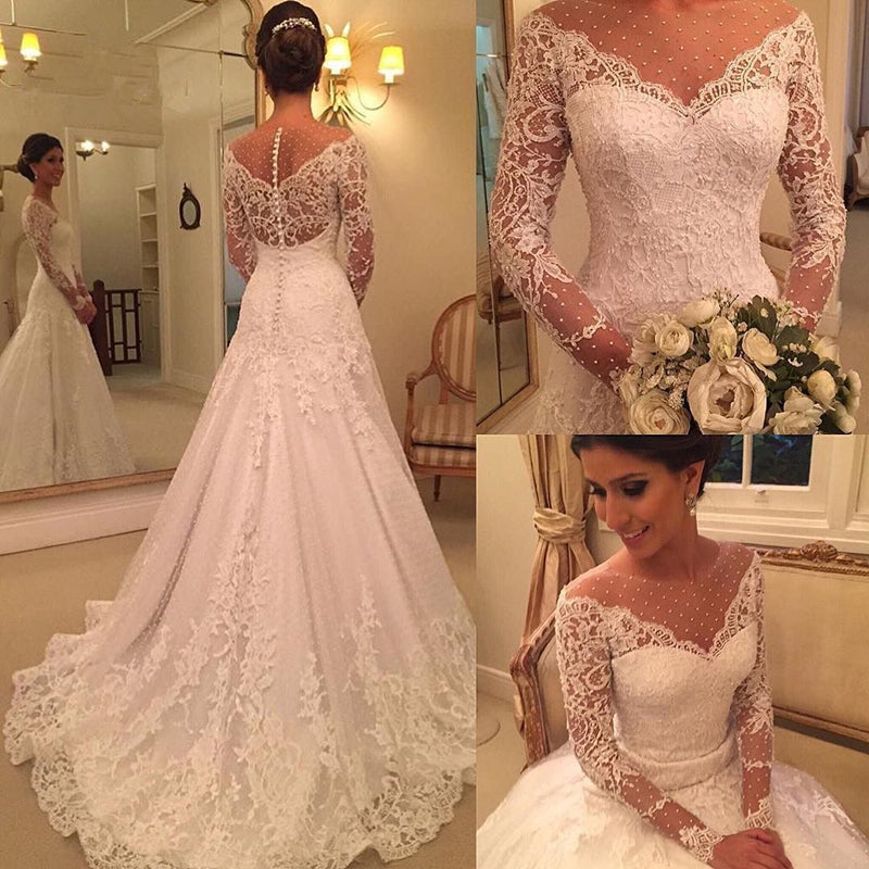 Glamorous Long Sleeve Princess Wedding Dress with Lace Appliques and Pearls BM bride