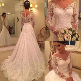 Glamorous Long Sleeve Princess Wedding Dress with Lace Appliques and Pearls BM bride