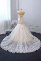 Classy Sweetheart Backless Tulle Long Mermaid Wedding Dress with Lace Appliques BM bride