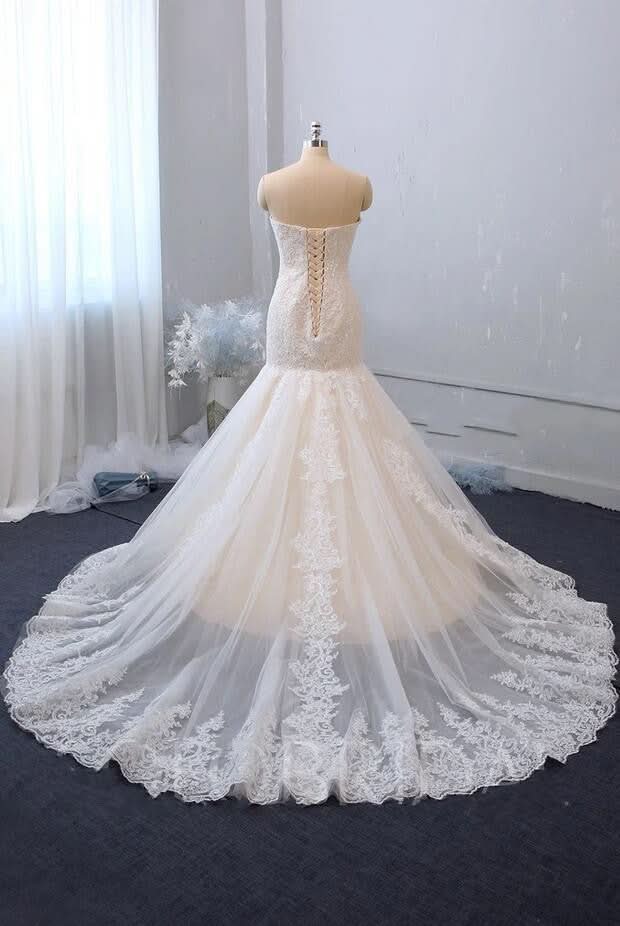 Classy Sweetheart Backless Tulle Long Mermaid Wedding Dress with Lace Appliques BM bride