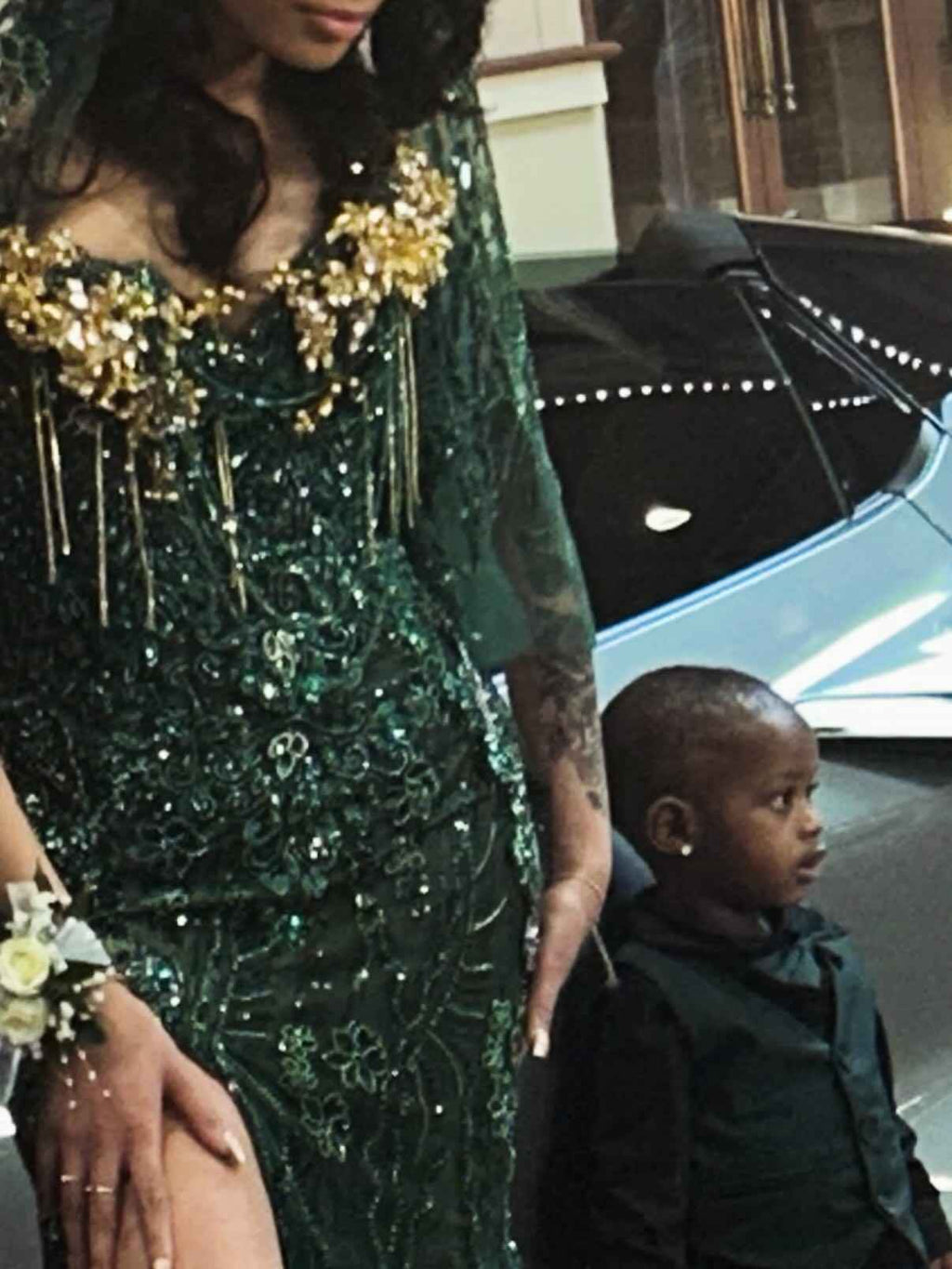 Emerald Empress - Dark Green Sequin Mermaid Prom Dress with Gold Tassel Bodice & Sheer Cape