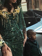 Emerald Empress - Dark Green Sequin Mermaid Prom Dress with Gold Tassel Bodice & Sheer Cape