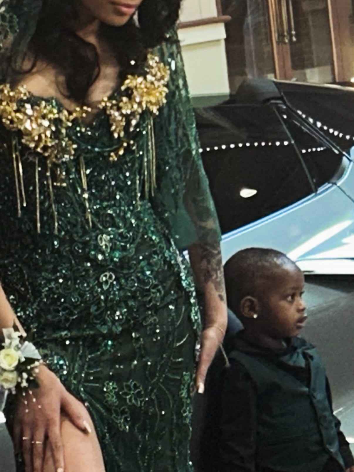 Emerald Empress - Dark Green Sequin Mermaid Prom Dress with Gold Tassel Bodice & Sheer Cape