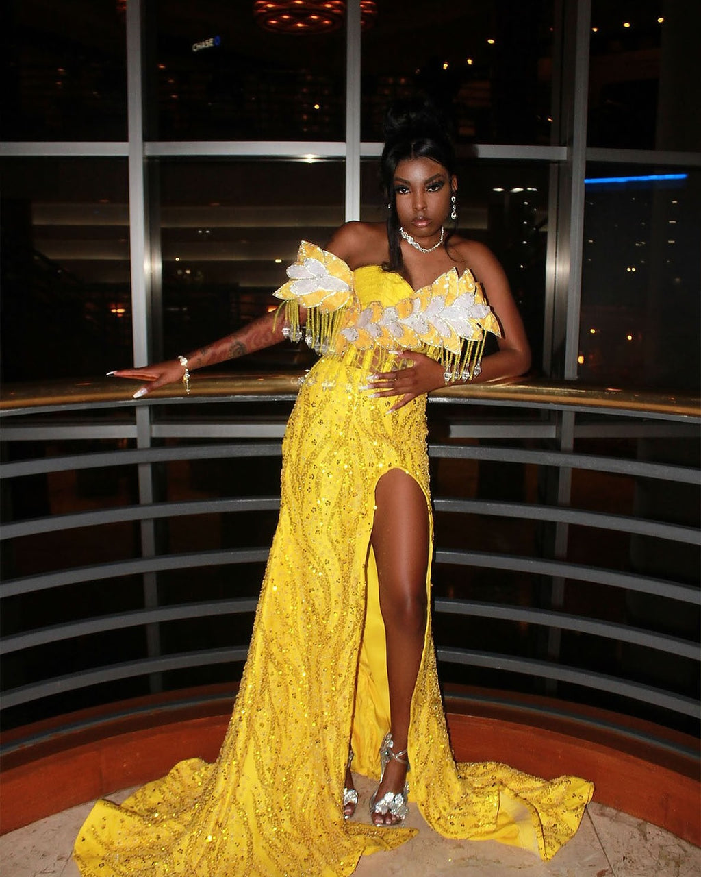 The Golden Sunflower - 2026 Off-Shoulder Lace Mermaid Gown: White Floral Appliqués with Crystal Fringe & Yellow Lace Train