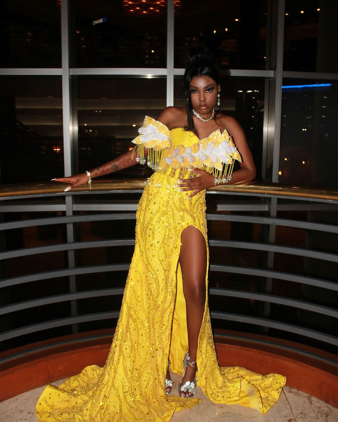 The Golden Sunflower - 2026 Off-Shoulder Lace Mermaid Gown: White Floral Appliqués with Crystal Fringe & Yellow Lace Train