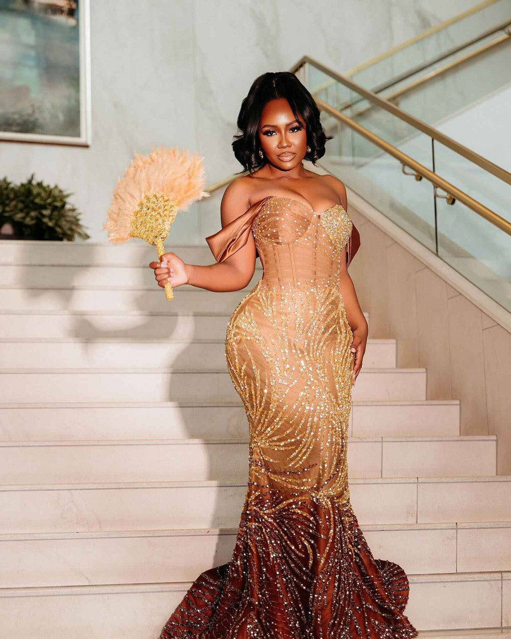 Golden Sunset - Ombre Beaded Mermaid Prom Dress with Feather Trim