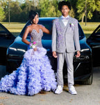 Lavender Dream - Purple Crystal Beaded Sheer Bodice Prom Dress with Ruffle Feather Skirt