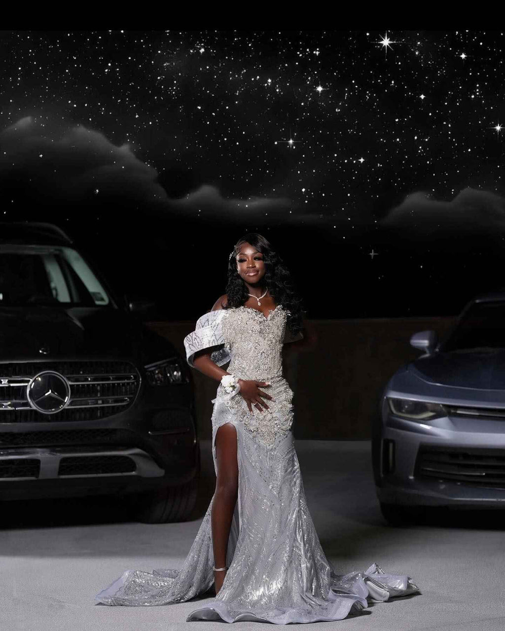 Starlight Dream - Silver Crystal Beaded Off-Shoulder Mermaid Prom Dress with Thigh Slit