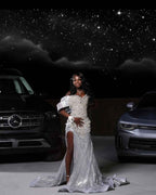 Starlight Dream - Silver Crystal Beaded Off-Shoulder Mermaid Prom Dress with Thigh Slit