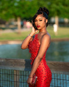 Red Hot - Sheer Illusion Beaded Mermaid Prom Dress with 3D Florals