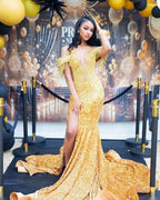 Golden Hour Glamour - Beaded Fringe Mermaid Prom Dress with Plunging Neckline